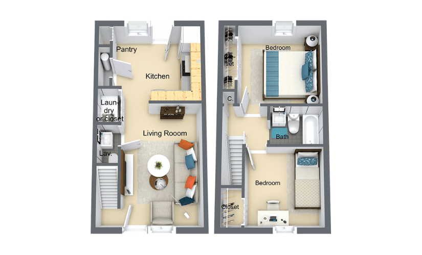 Silver Birch Townhome - 2 bedroom floorplan layout with 1.5 bathroom and 827 square feet