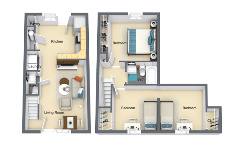 Water Birch Townhome - 3 bedroom floorplan layout with 1.5 bathroom and 1009 square feet