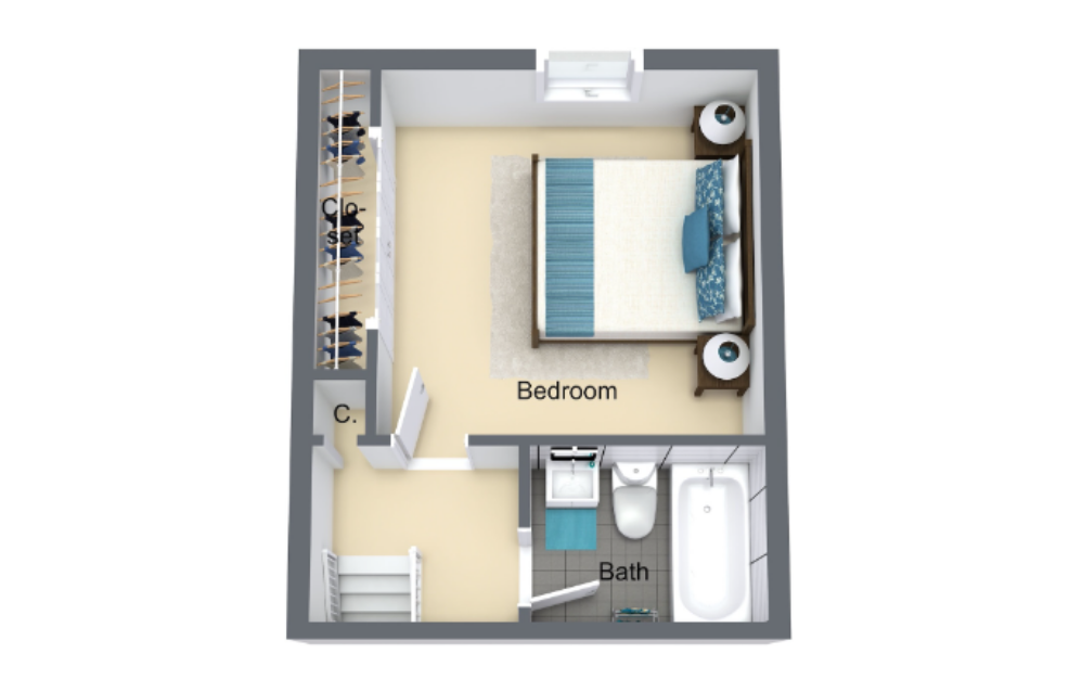 Cherry Birch - 1 bedroom floorplan layout with 1.5 bathroom and 645 square feet (3D)