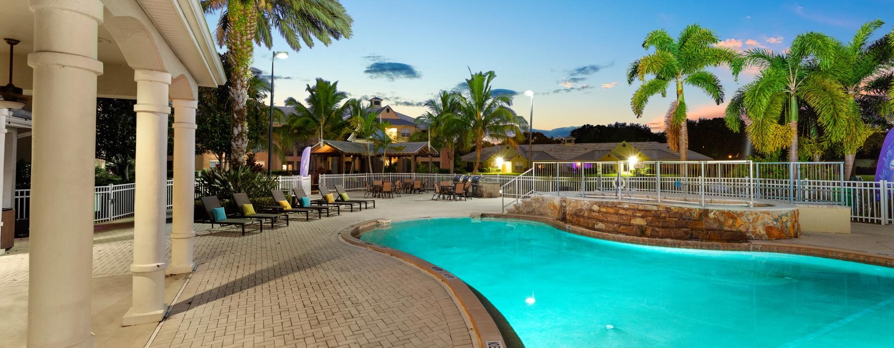 a pool with a building around it