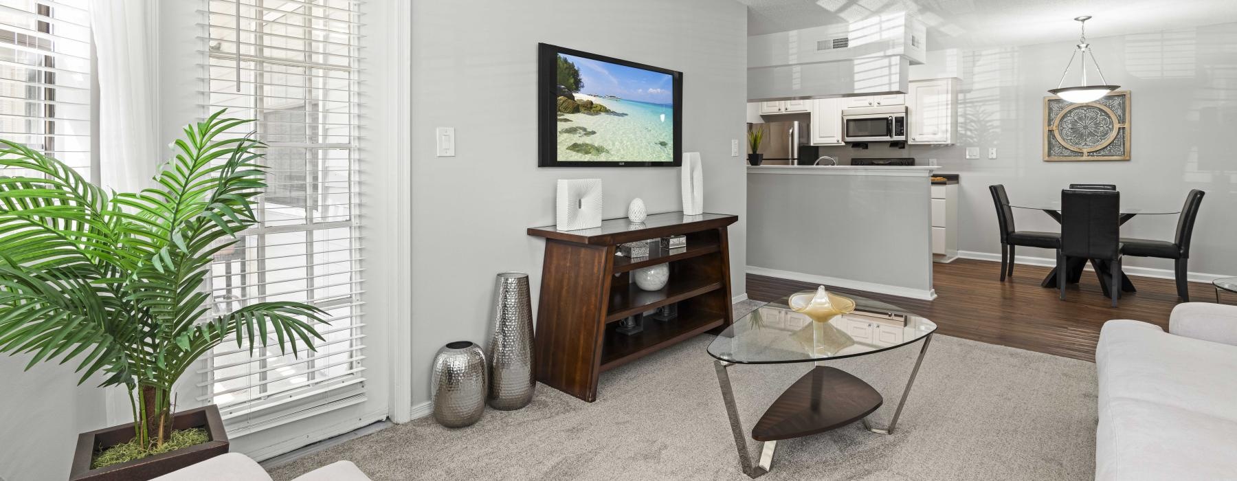 a living room with a tv and furniture