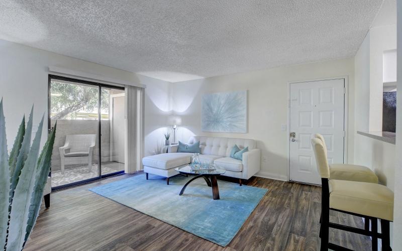 a living room with a rug and a couch
