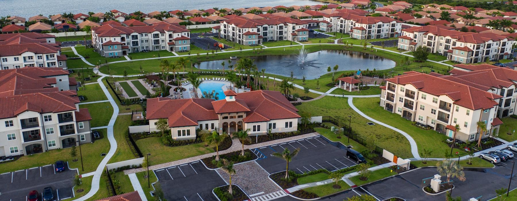 a large group of buildings next to a body of water