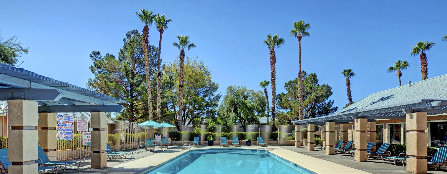 a pool surrounded by many palm trees