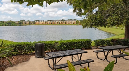 Picnic tables and grilling area with views of private lake