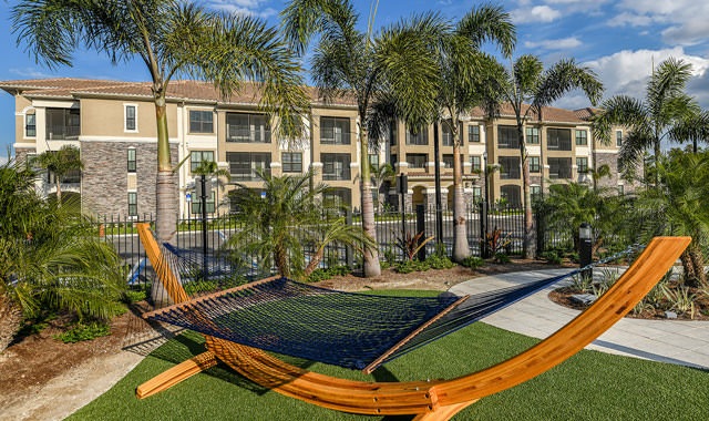 hammock on stand surrounded by palm trees