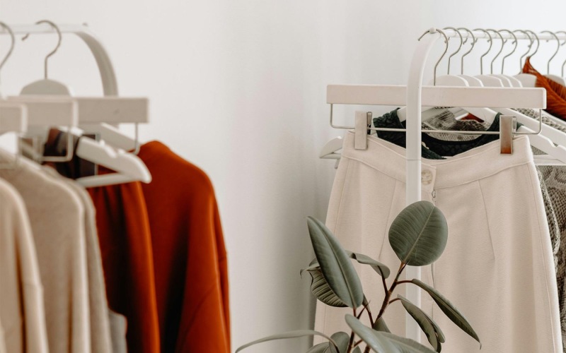 clothes on a rack near a plant
