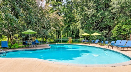 Sparkling blue pool surround by large shade trees and lounge chairs