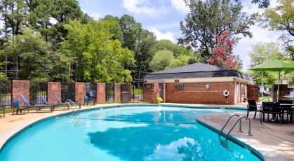 Swimming pool is surrounded by trees for shade