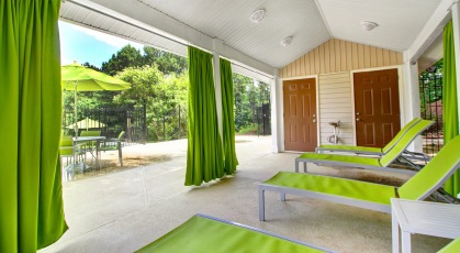 Spacious cabana area with sectional curtains and adjustable lounge chairs