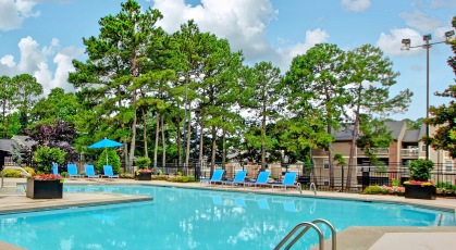 Swimming pool with lounge seating and umbrellas