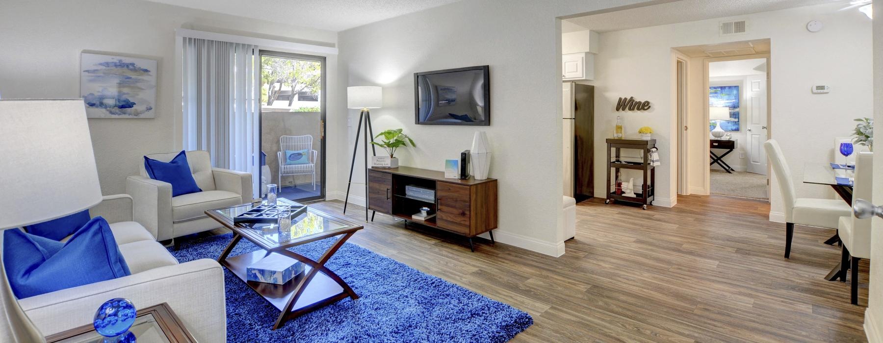 a living room with a blue rug