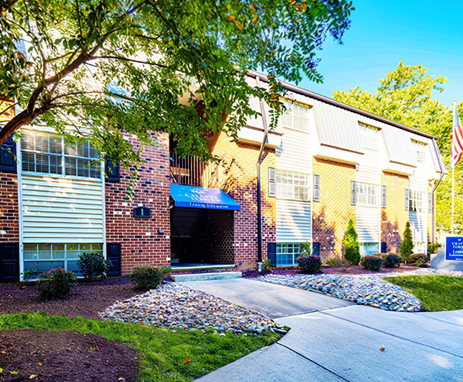 a building with flags in front