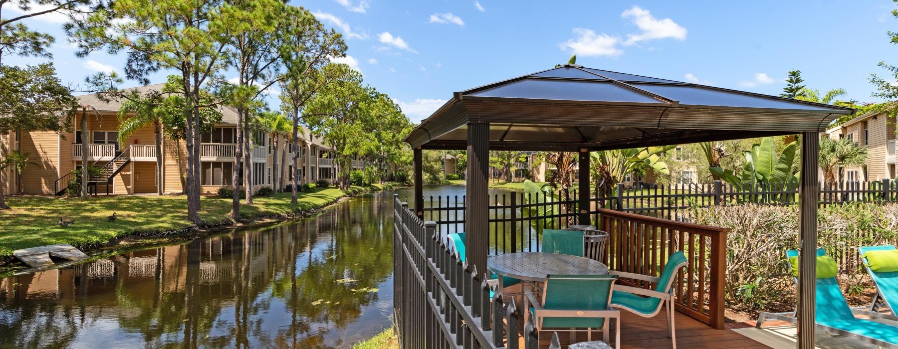 a deck overlooking a pond