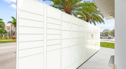 Outdoor wall of mail center and package lockers