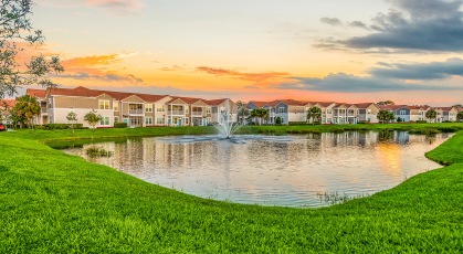 Tranquil lake views with water features