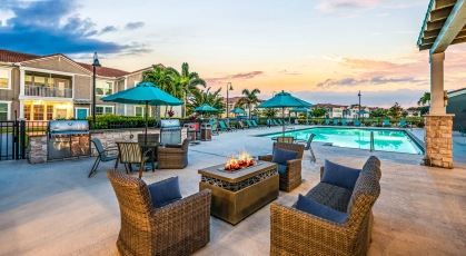 Lounge seating area with grilling stations and fire pits