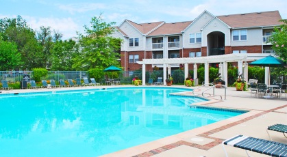 Sparkling swimming pool with lounge seating and umbrellas