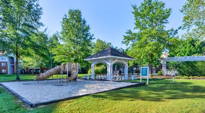 Playground with slides and climbing equipment and gazebo 