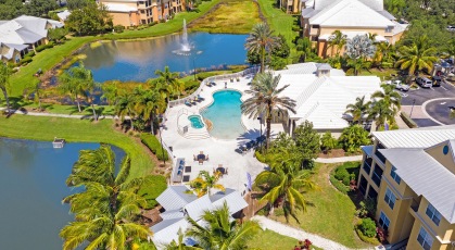 Aerial view of pool and lakes with fountains
