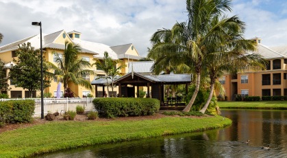 Outdoor, lakeside dining pavilion view from the lake