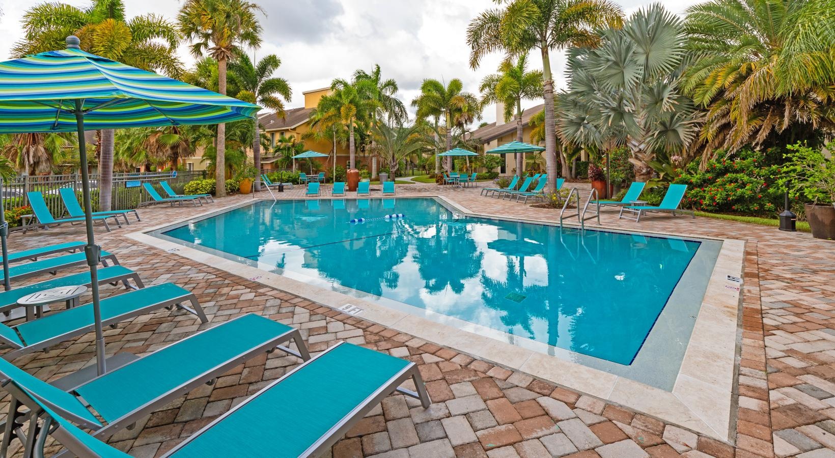 Swimming pool with lounge seating and umbrellas