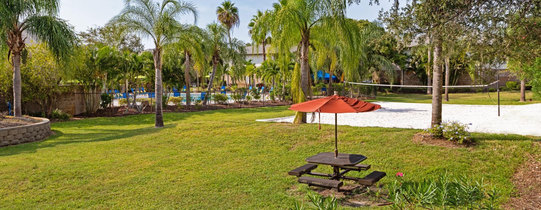 a picnic table and umbrella in a park