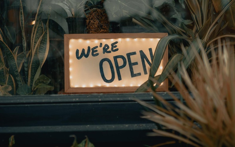We're Open sign on a window ledge, surrounded by plants