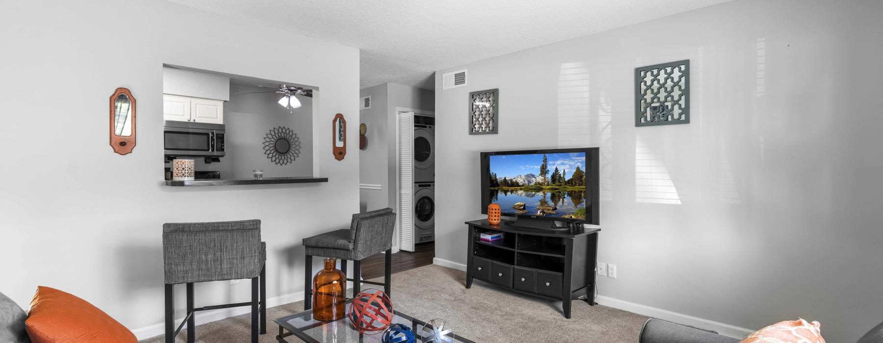 a living room with a tv and couches
