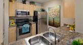 Kitchen with stainless steel appliances and built-in microwave