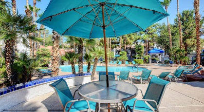 Swimming pool with lounge seating and umbrellas