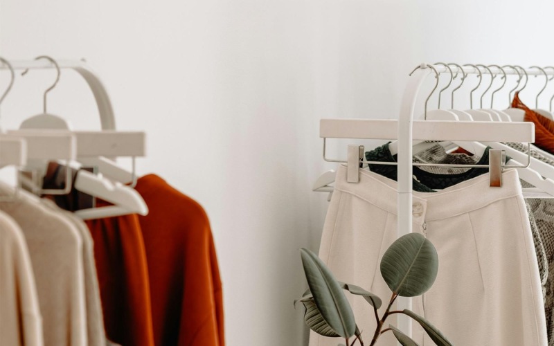 clothes on a rack near a plant