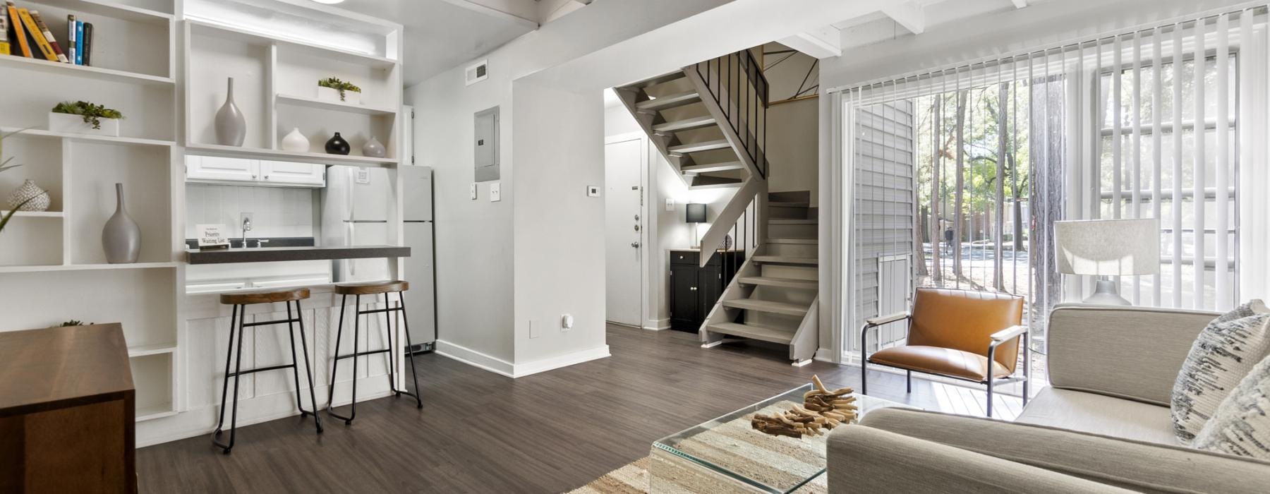 spacious living room near kitchen