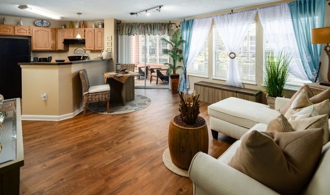 a living room with a wood floor
