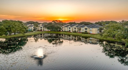 Arial view of lake with fountain next to Sawgrass Cove