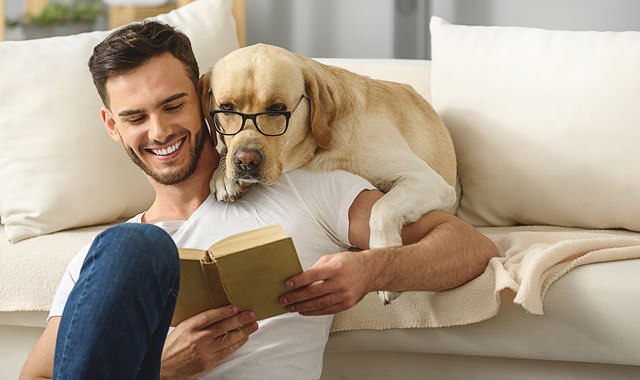 handsome, young man sits on the floor reading a book while his dog with glasses reads over his shoulder on the couch behind him 