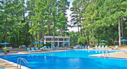 Swimming pool with lounge seating and umbrellas