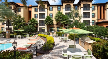 Pool area next to grills and eating area