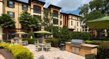 Grill area with umbrella shaded tables and chairs