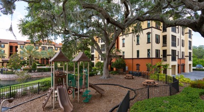 Playground with jungle gym equipment and tree shaded picnic tables