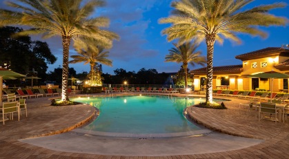 Zero entry pool lit at night 