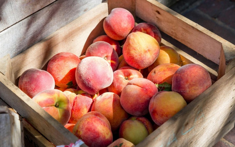 a crate full of peaches