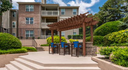 Grilling area and bar top seating near pool