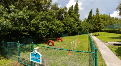 Fenced in bark park with bench seating and obstacles 