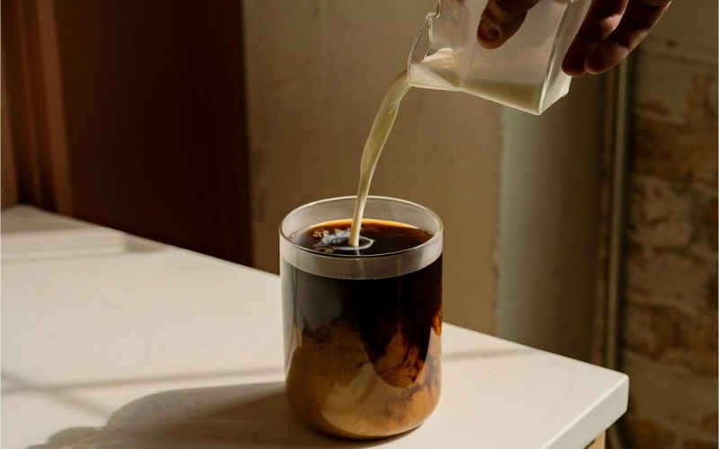 a hand pouring a cream into a coffee
